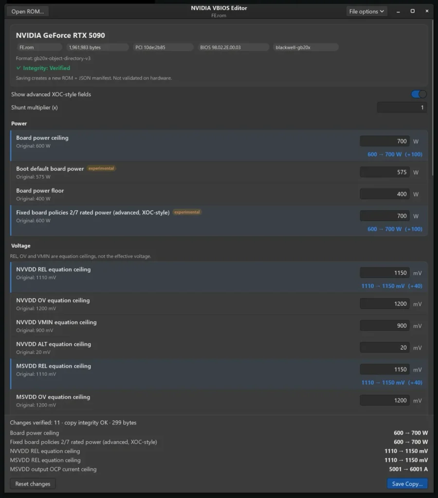 Captura de los ajustes de una GeForce con VBIOS modificada cargada sin flashear