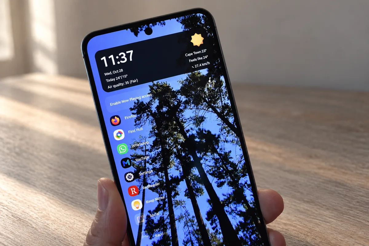 Pantalla de inicio de Victoria Launcher Android con reloj, tiempo y lista vertical de aplicaciones sobre fondo de pinos