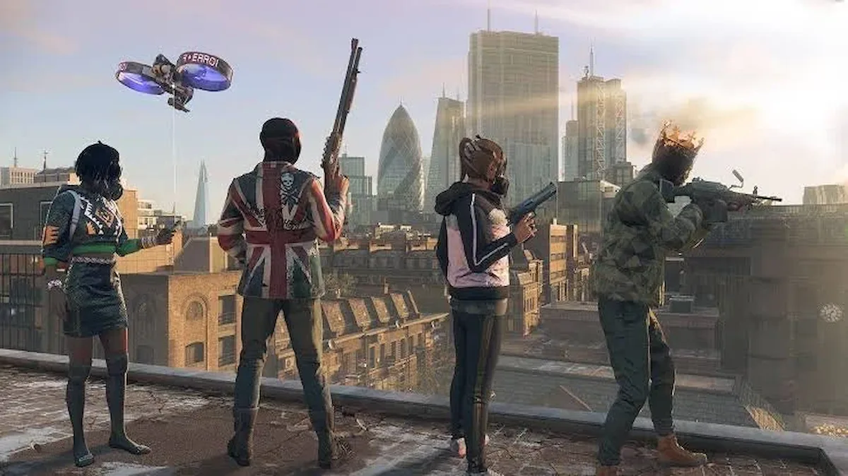 Four armed Watch Dogs: Legion characters stand on a London rooftop overlooking the city skyline, with a drone flying overhead.