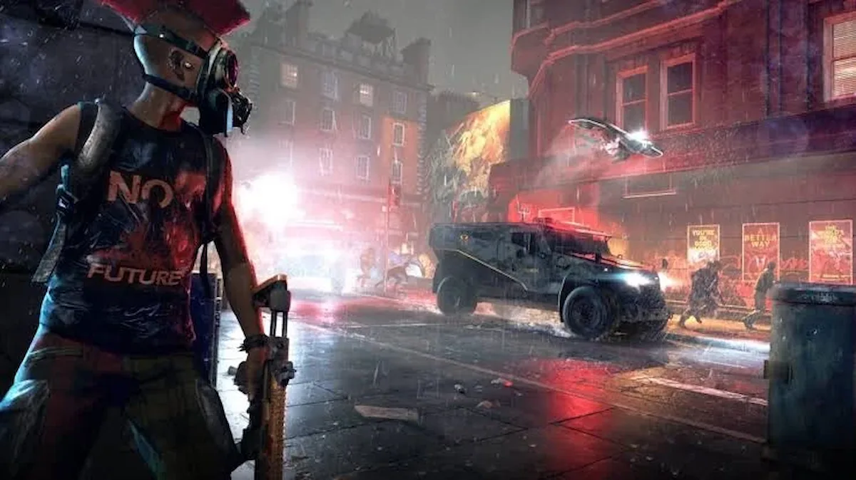 Watch Dogs Legion — A masked character with a rifle stands on a rain-soaked London street as an armored vehicle and drone appear in a Watch Dogs: Legion scene.