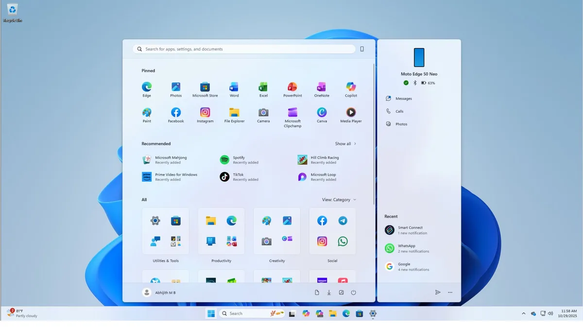 Menú Inicio de Windows 11 de 2025 con aplicaciones ancladas, recomendaciones y lista de aplicaciones