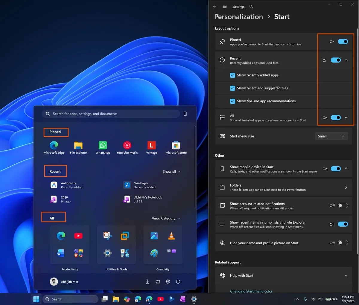Ajustes del menú Inicio de Windows 11 con controles separados para ancladas, recientes y todas
