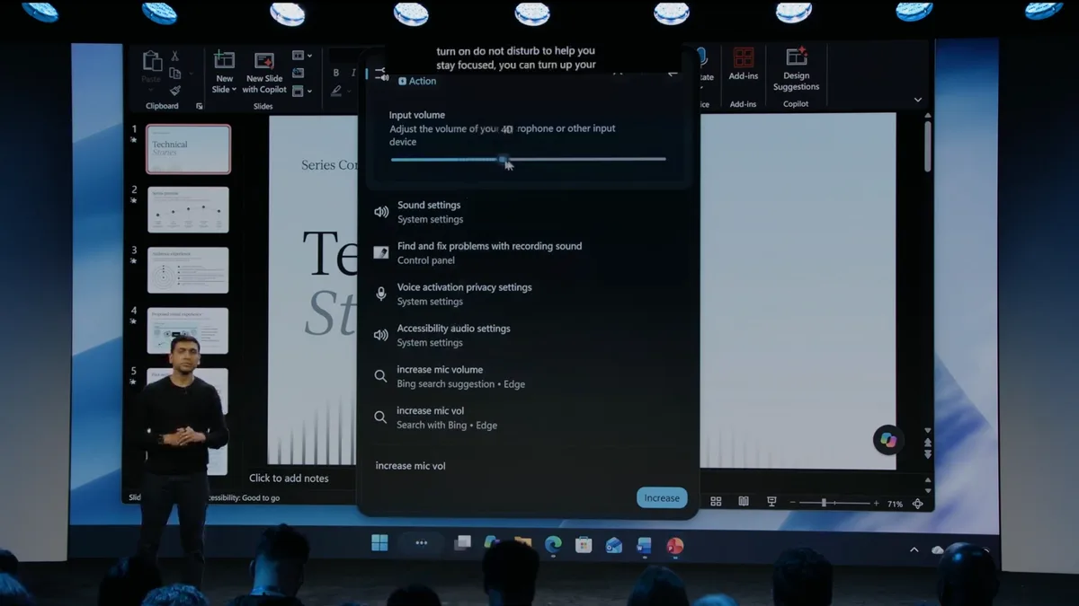Demostración del nuevo buscador de Windows 11 y el menú Inicio con un control de volumen de entrada en los resultados
