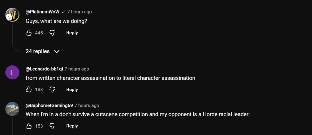 Comentarios de YouTube con reacciones negativas de jugadores a los últimos giros de la historia de WoW