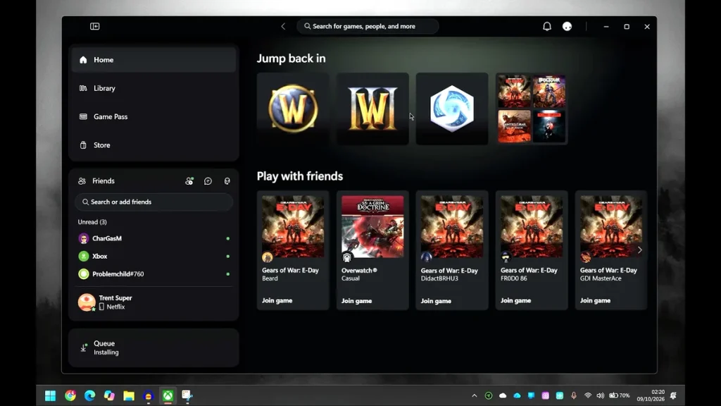 Aplicación Xbox con juegos de Blizzard y lista de amigos