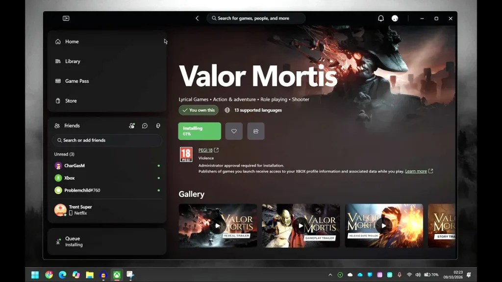 Página de Valor Mortis instalándose al 61 % en Xbox