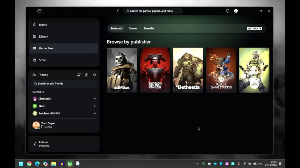 Sección Game Pass de Xbox con iconos de editoriales