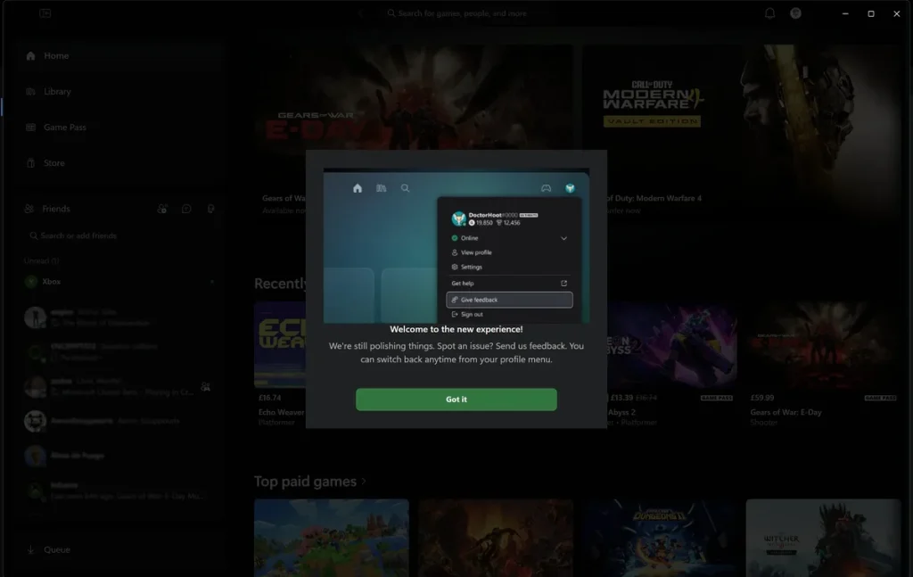 Ventana de bienvenida de la nueva Xbox PC app rediseñada, según la captura de Tom Warren